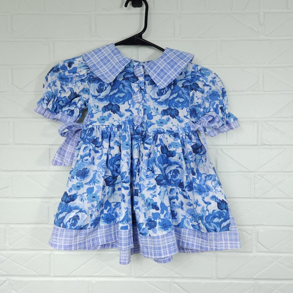 Vintage Little Precious Blue Floral and Plaid Cottagecore Puff Sleeve Dress 3T